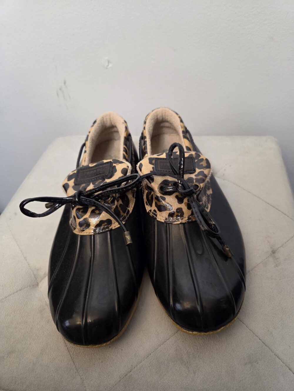 Sperry's Black Duck Boot Shoes with Leopard Trim